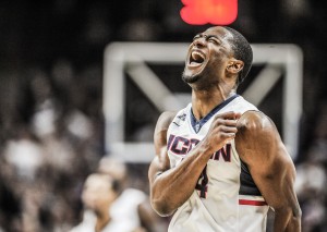 Connecticut's Rodney Purvis celebrates a three-point basket in the first half of an NCAA college basketball game against Memphis, Saturday, Jan. 9, 2016, in Storrs, Conn. (AP Photo/Jessica Hill)